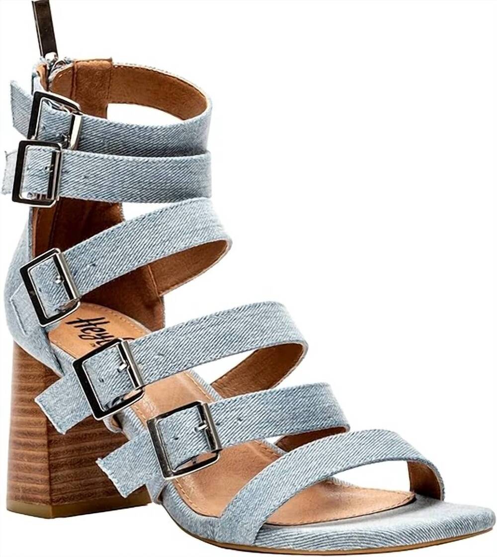 NEW CORKYS FOOTWEAR women's buckle down block heeled sandal in denim